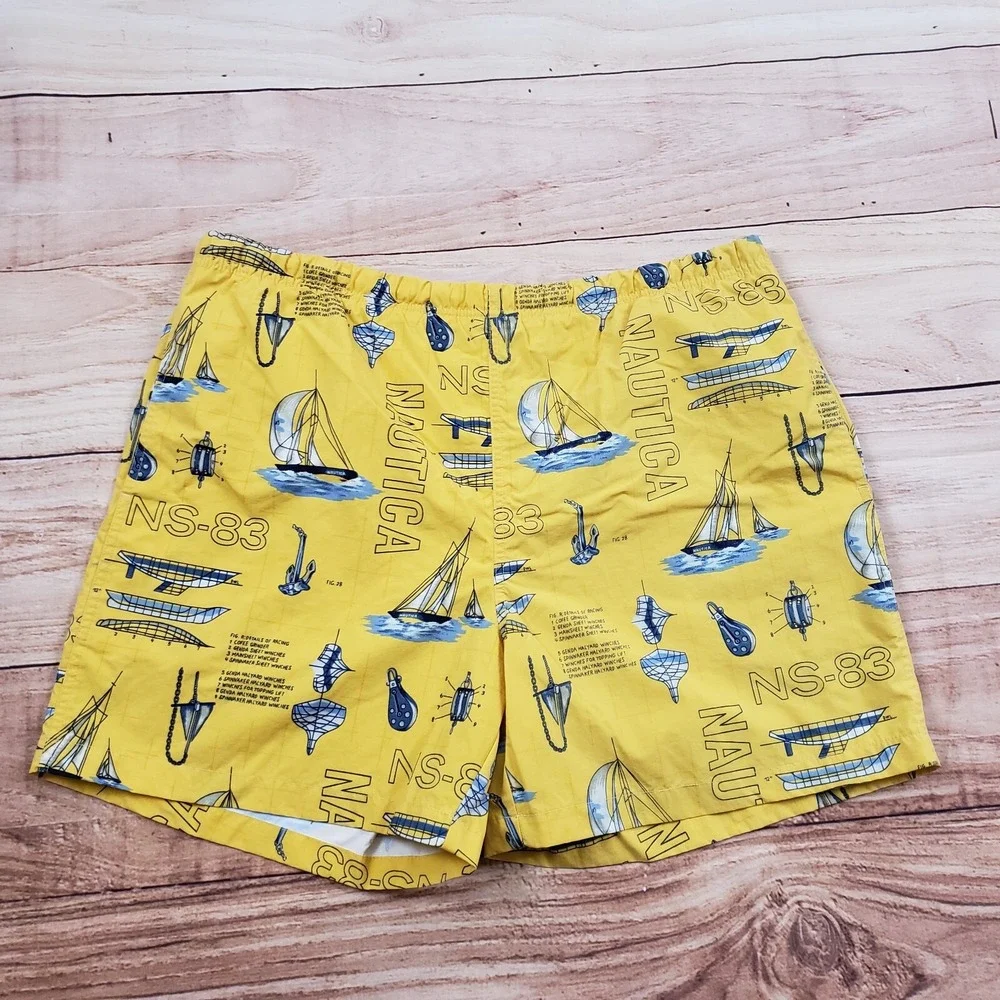 VINTAGE Nautica Swim Trunks‎ Mens Large Yellow Blue Short Sail Boats Adult 90s